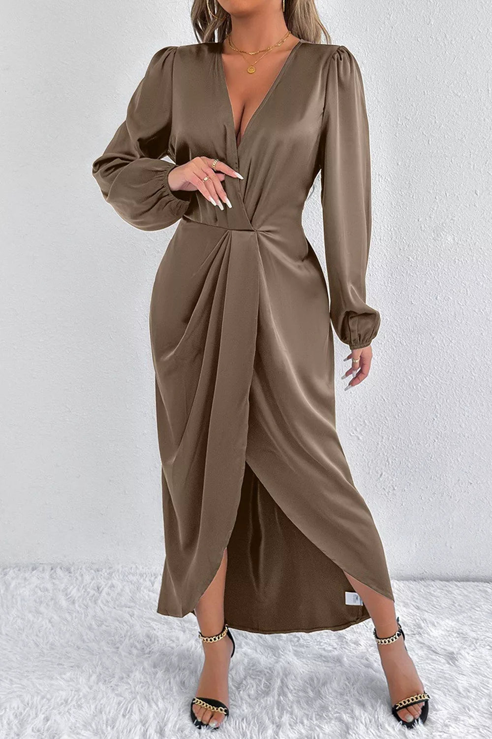 Satin Balloon Sleeve Midi Dress with Slit – photo 20