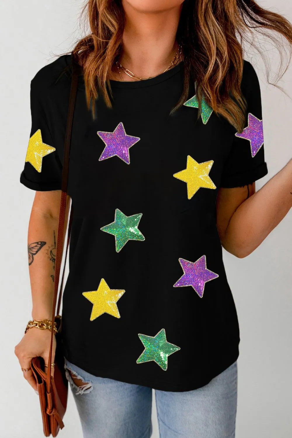 Sequin Stars Patched Round Neck T-Shirt closeup — Livostyle