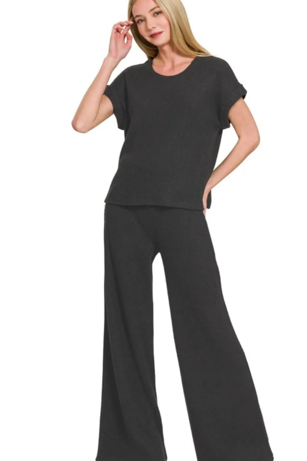 Rolled Sleeve Top and Pants Sweater Set in BLACK