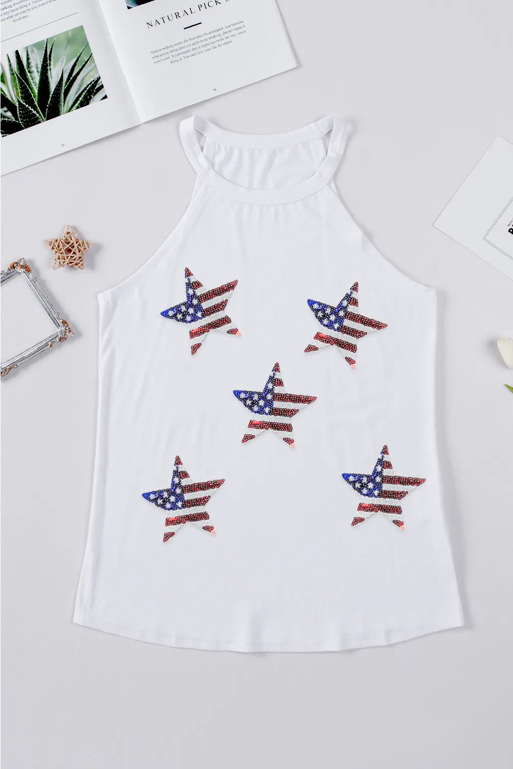 Sequin US Flag Star Grecian Neck Tank styling — Livostyle