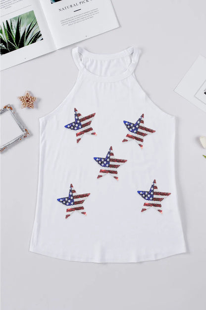 Sequin US Flag Star Grecian Neck Tank styling — Livostyle