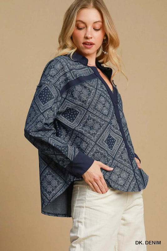 Paisley Print Denim Shirt Jacket detail — Livostyle