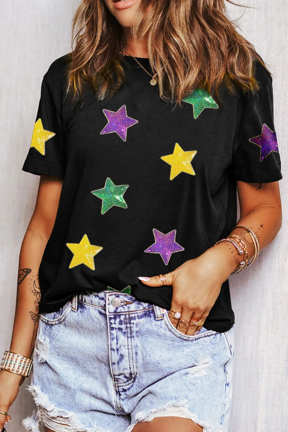 Sequin Stars Patched Round Neck T-Shirt detail — Livostyle