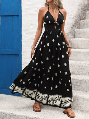 Printed Backless Halter Neck Tie Maxi Dress in Black