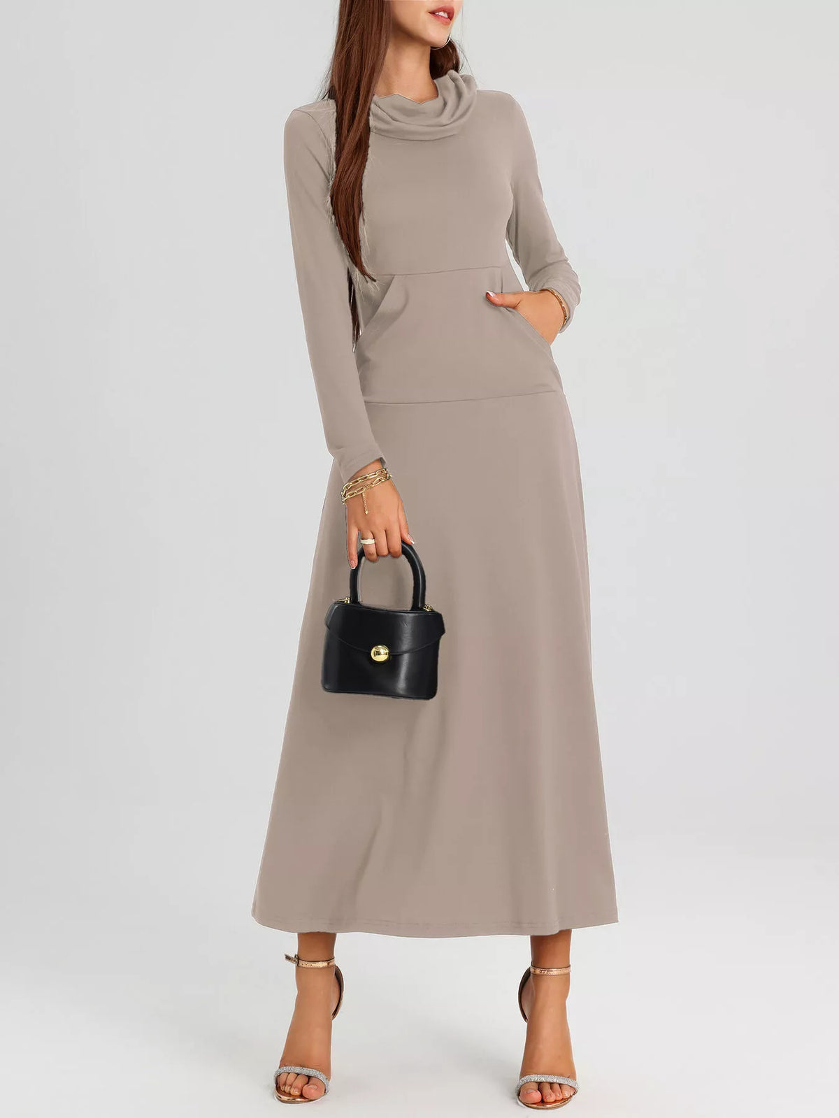 Cowl Neck Long Sleeve Midi Dress with Pockets – photo 11
