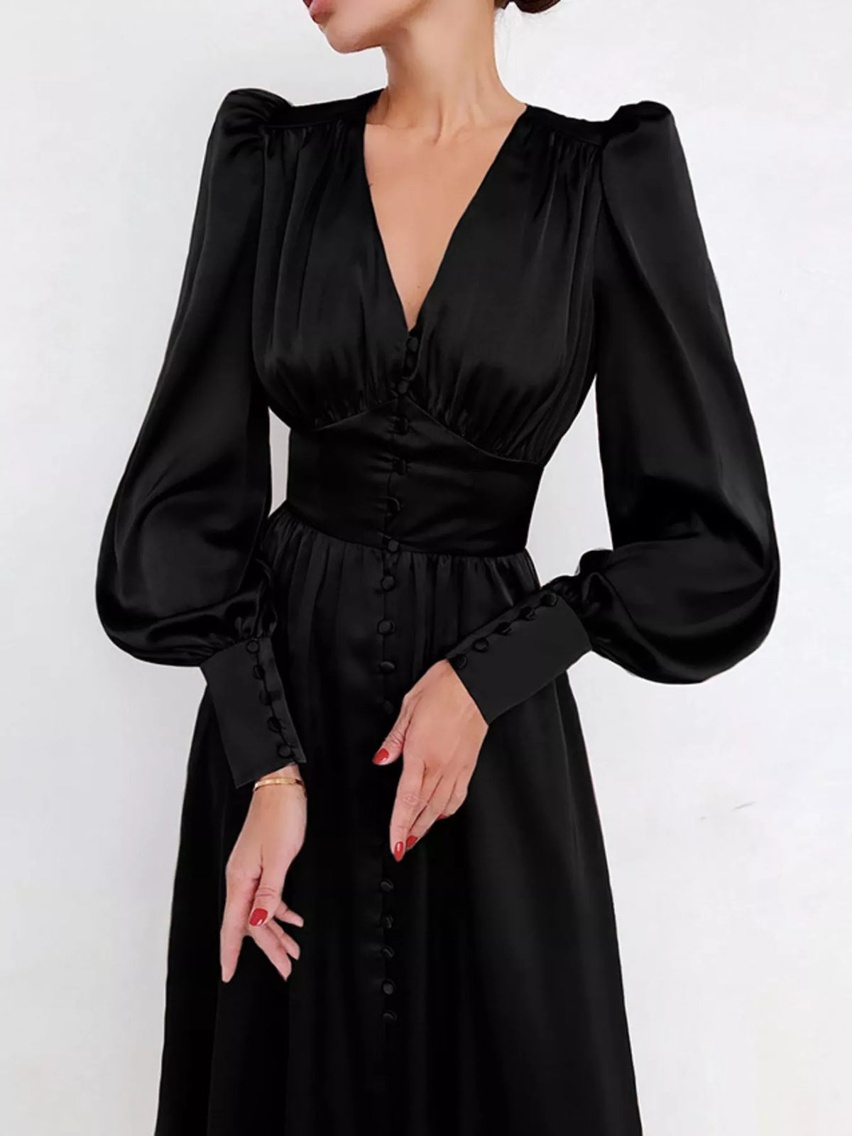 V-Neck Puff Sleeve Button-Down Midi Dress in Black