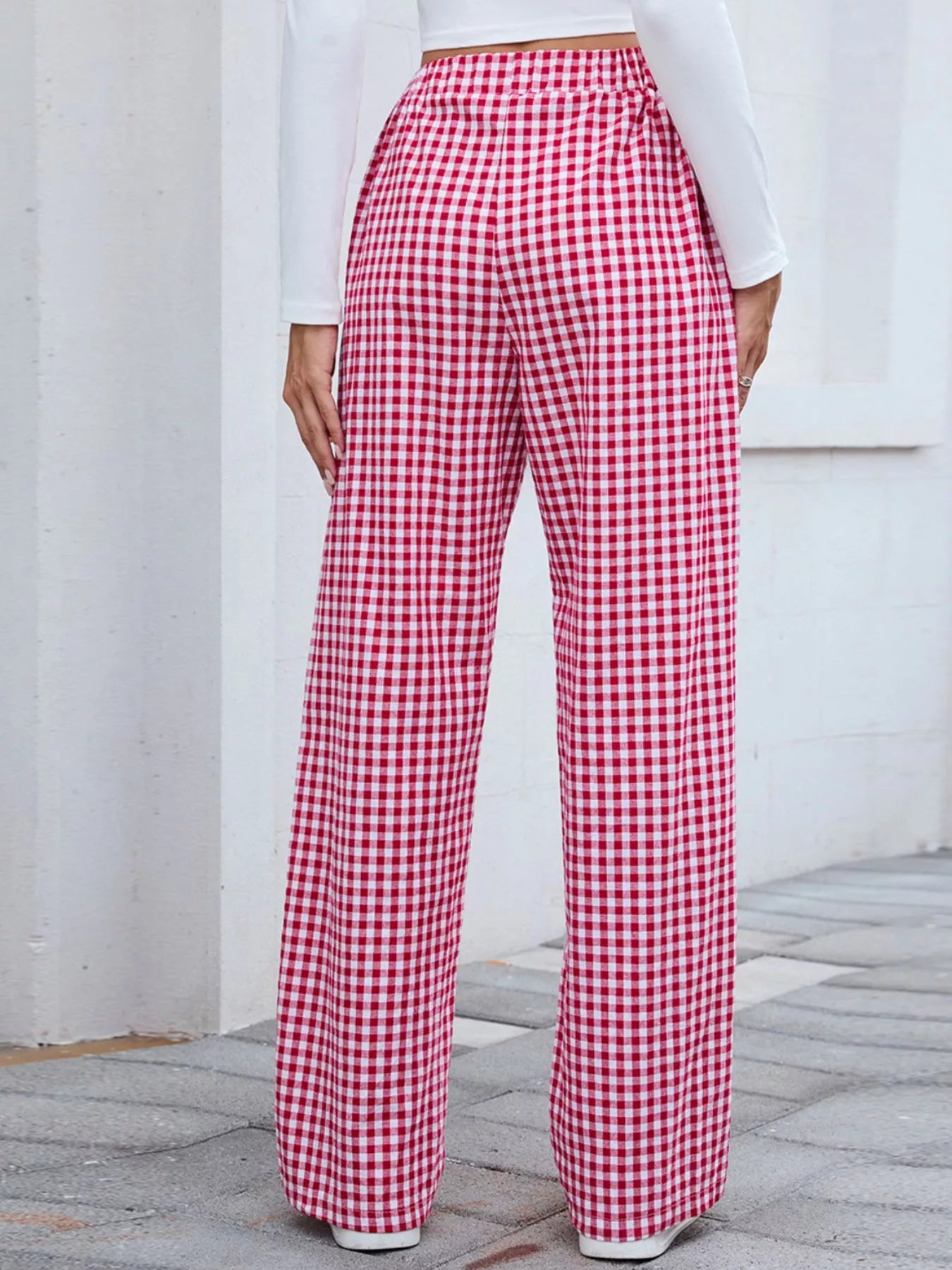 Plaid Wide Leg Casual Pants closeup — Livostyle