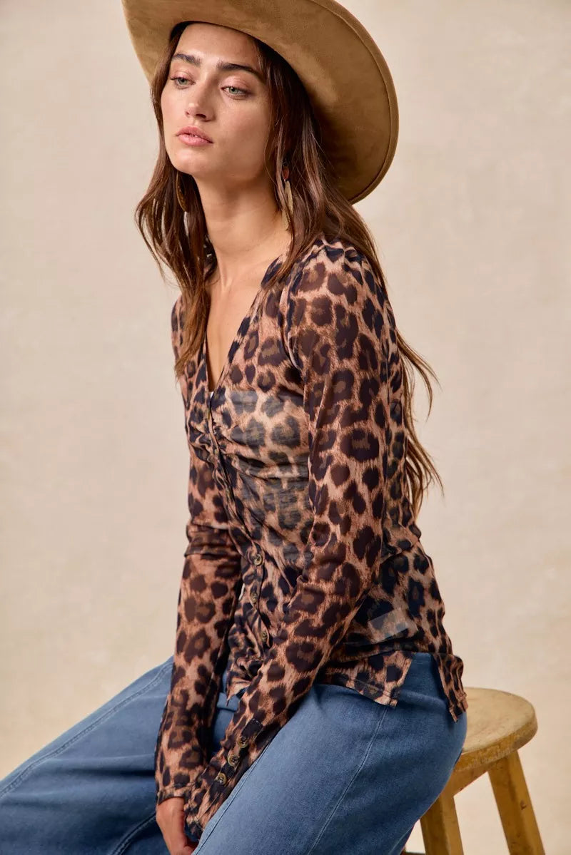 Leopard Printed Mesh Shirt With Button Up V Neck – photo 10