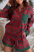 Plaid Contrast Patched Christmas Holiday Long Sleeve Shirt and Short — Livostyle