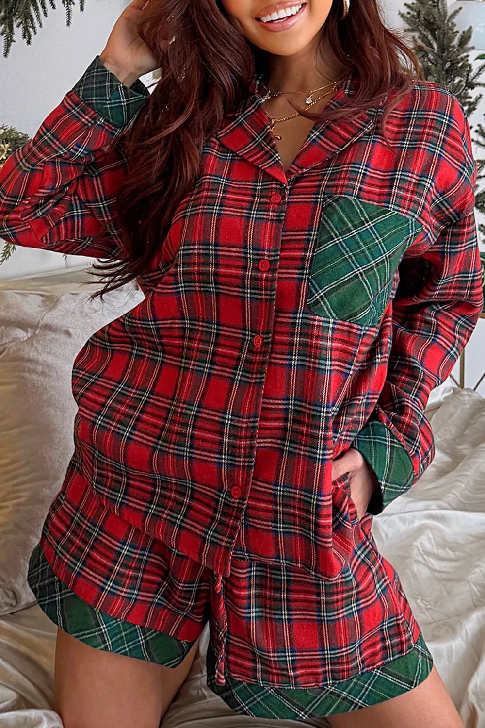Plaid Contrast Patched Christmas Holiday Long Sleeve Shirt and Short — Livostyle