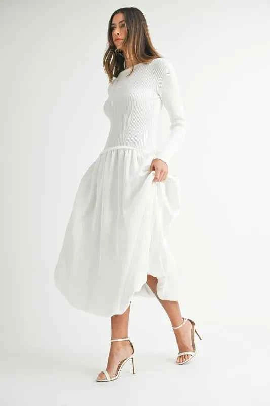 MABLE Ribbed Poplin Mix Midi Sweater Dress