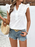 Eyelet Notched Ruffled Cap Sleeve Blouse — Livostyle