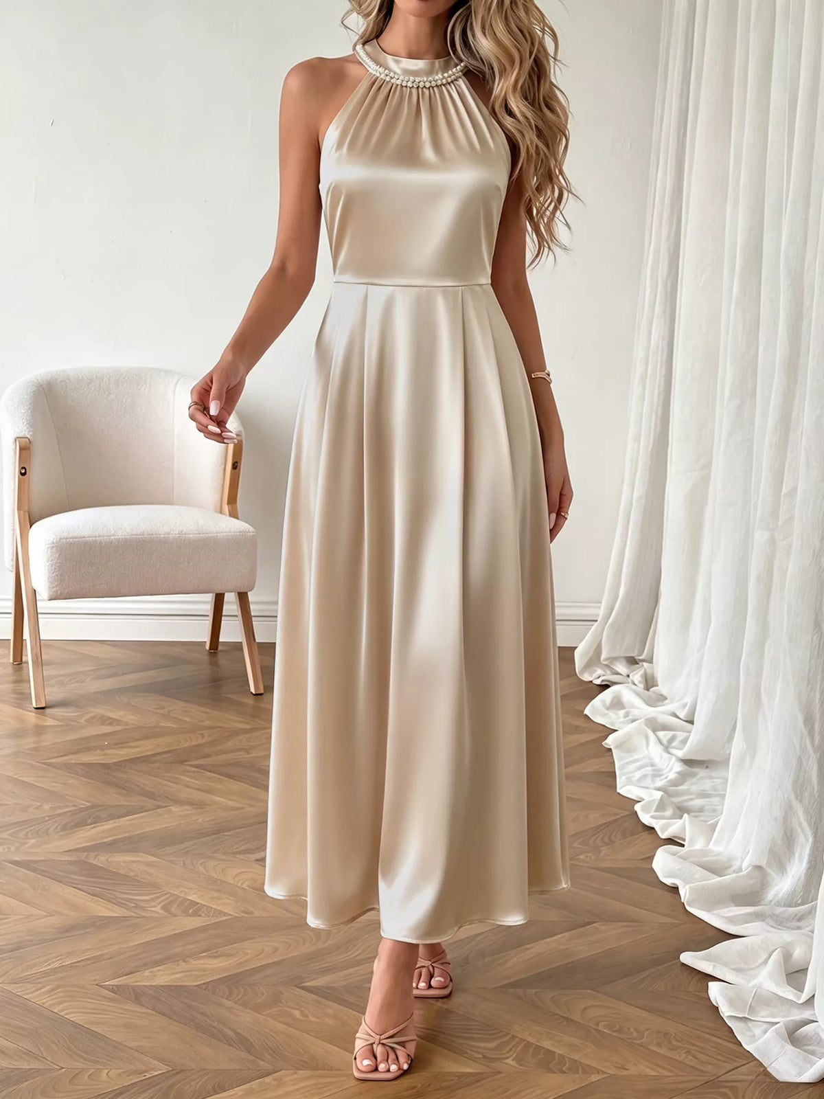 Pearl Halter Ruched Satin Midi Dress – photo 4