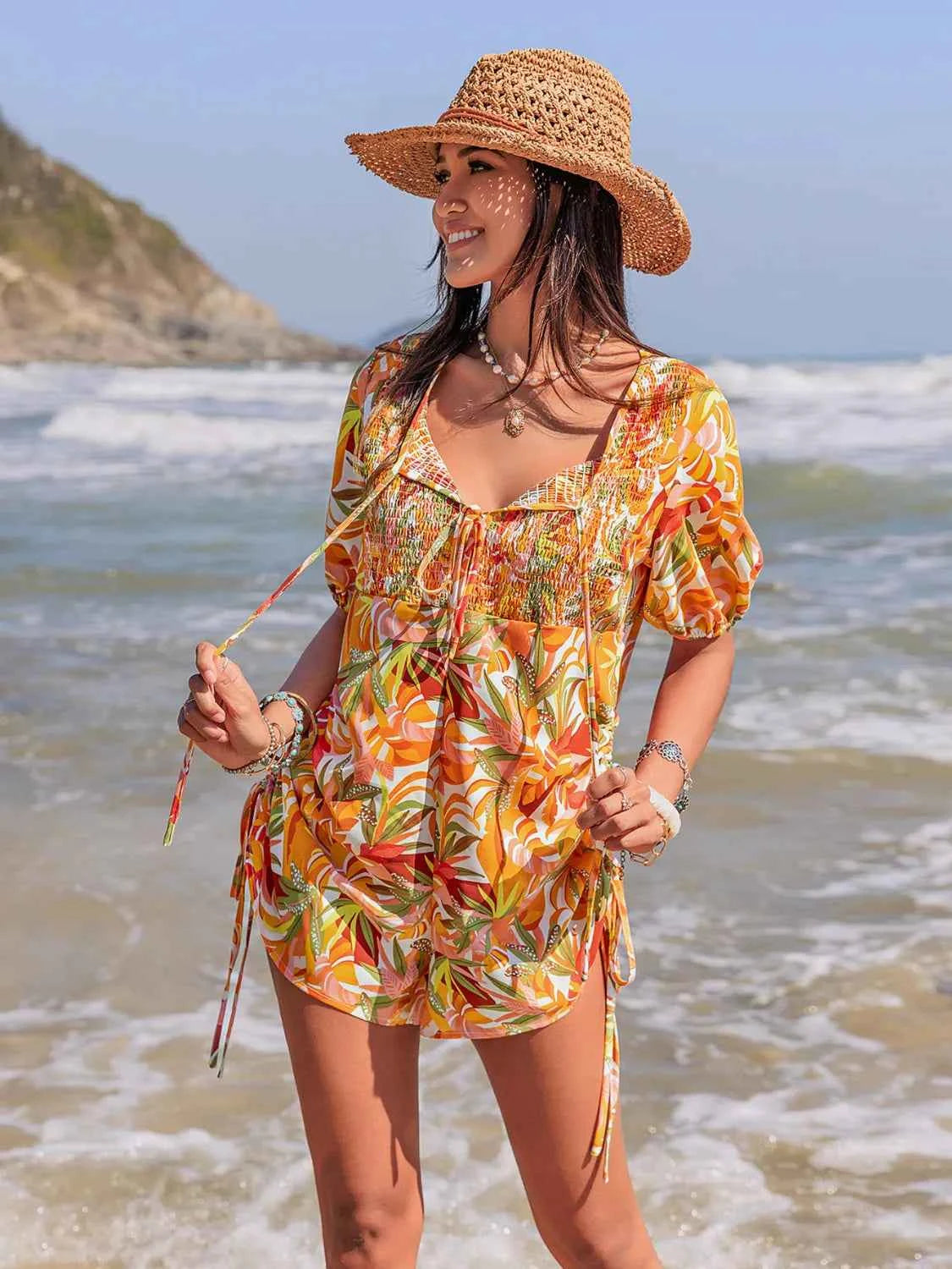 Smocked Printed Tie Neck Romper — Livostyle
