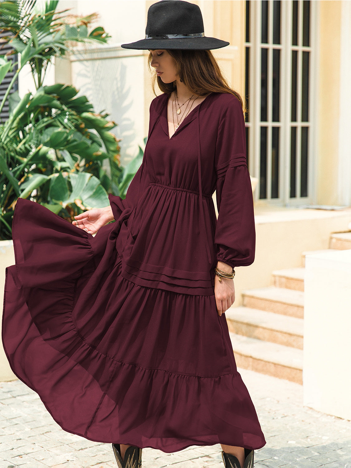 Tie Neck Long Sleeve Tiered Midi Dress – photo 17
