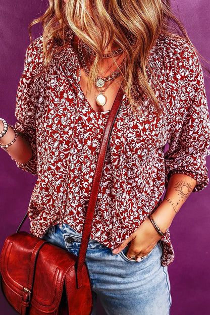 Printed Tie Neck Balloon Sleeve Blouse in Cerise