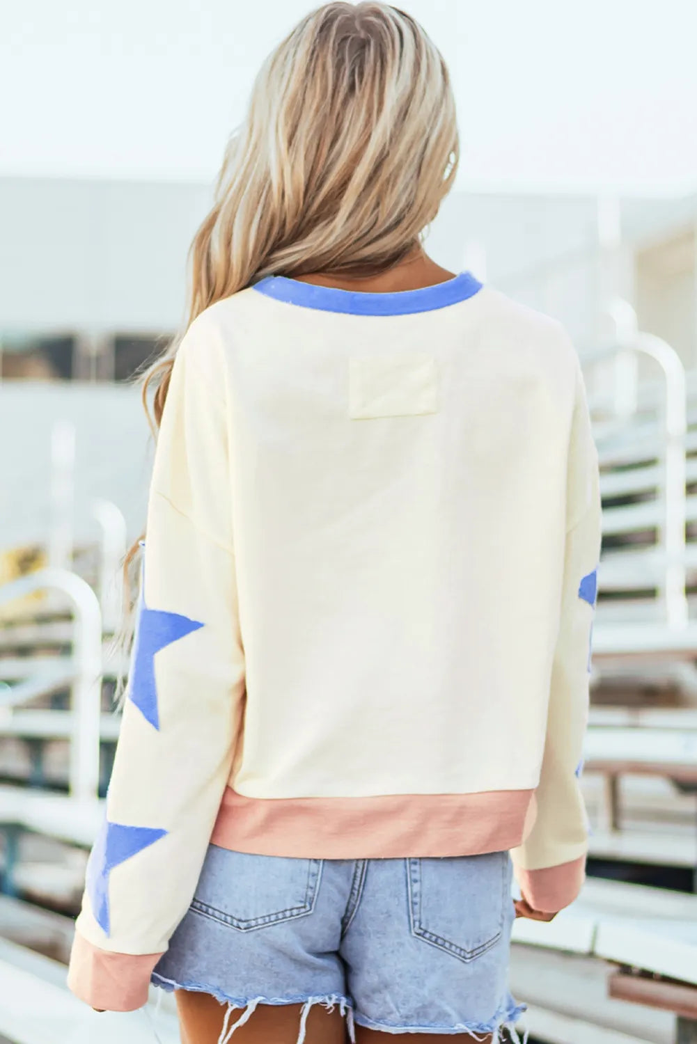 GAME DAY Star Patch Round Neck Long Sleeve Sweatshirt back view — Livostyle