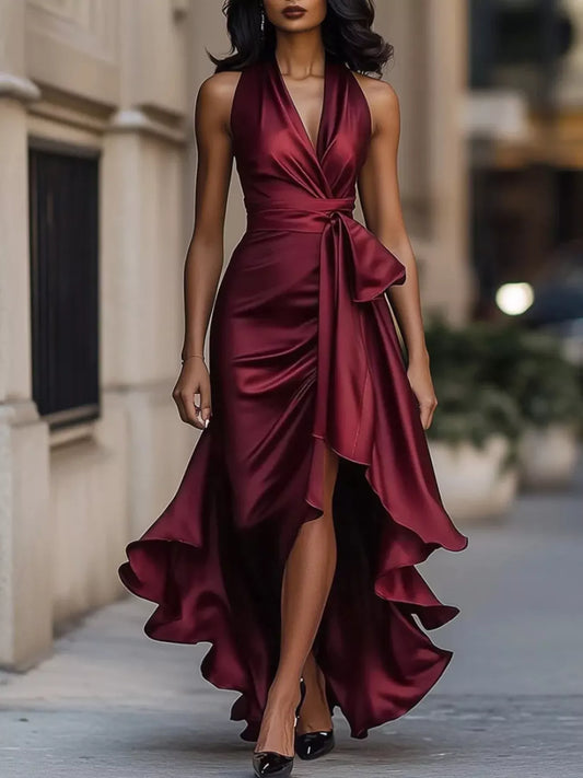 High-Low Ruffled Satin Maxi Dress – Plus Size in Wine Red