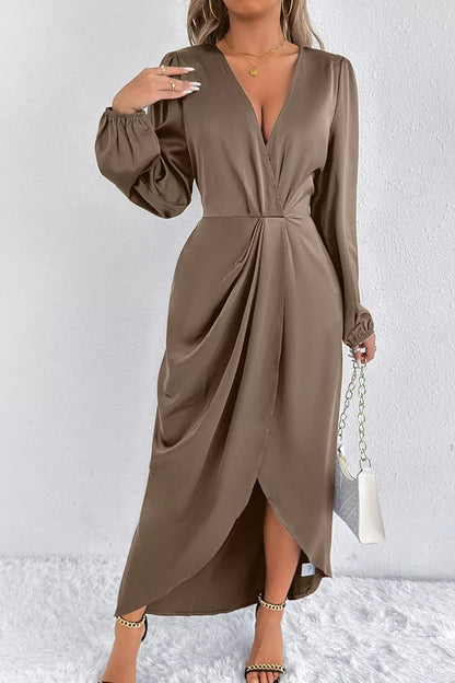 Satin Balloon Sleeve Midi Dress with Slit in Taupe