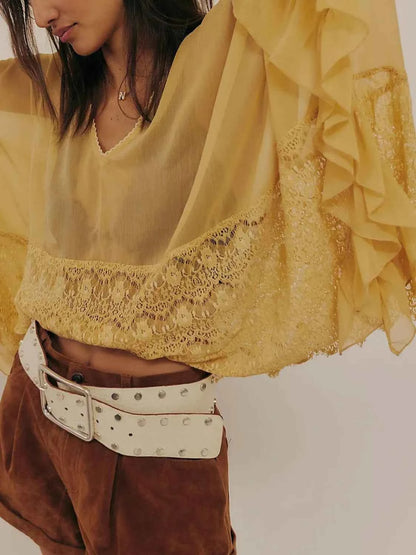 Lace V-Neck Ruffle Long Sleeve Cover-Up