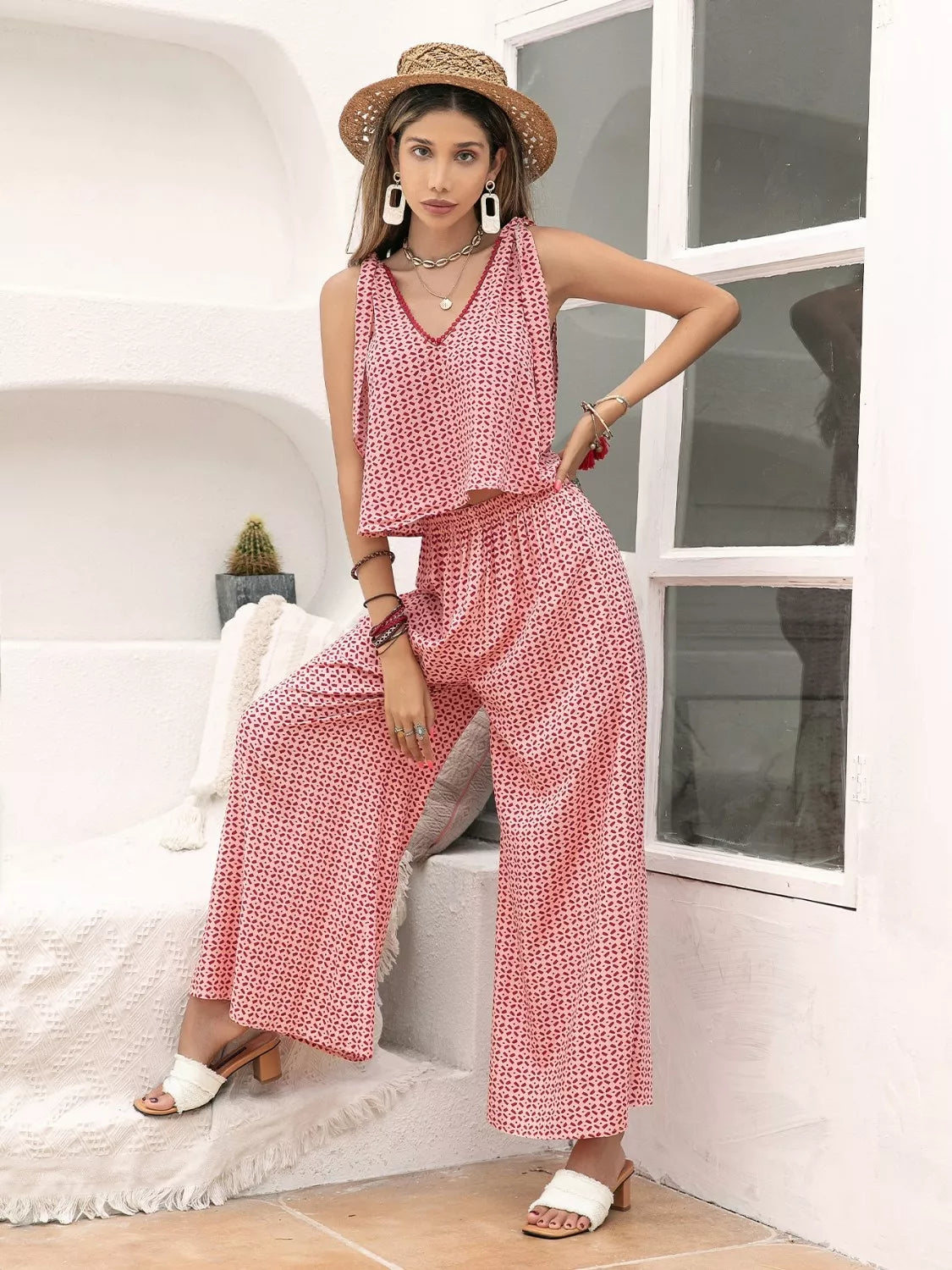 Gingham Tie Shoulder Top and Pants Set closeup — Livostyle
