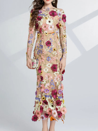 Floral Embroidered Mesh Long Sleeve Tiered Midi Dress – photo 3