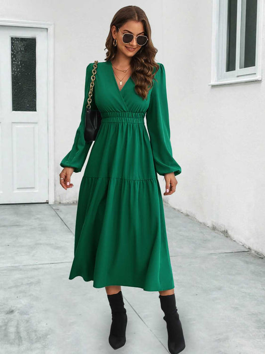 Surplice Neck Long Sleeve Midi Dress in Dark Green