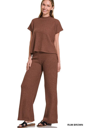 Mock Neck Sweater Boxy Top and Wide Leg Pants Set in Rum Brown