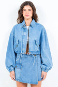 Drawstring Waist Crop Denim Jacket — Livostyle