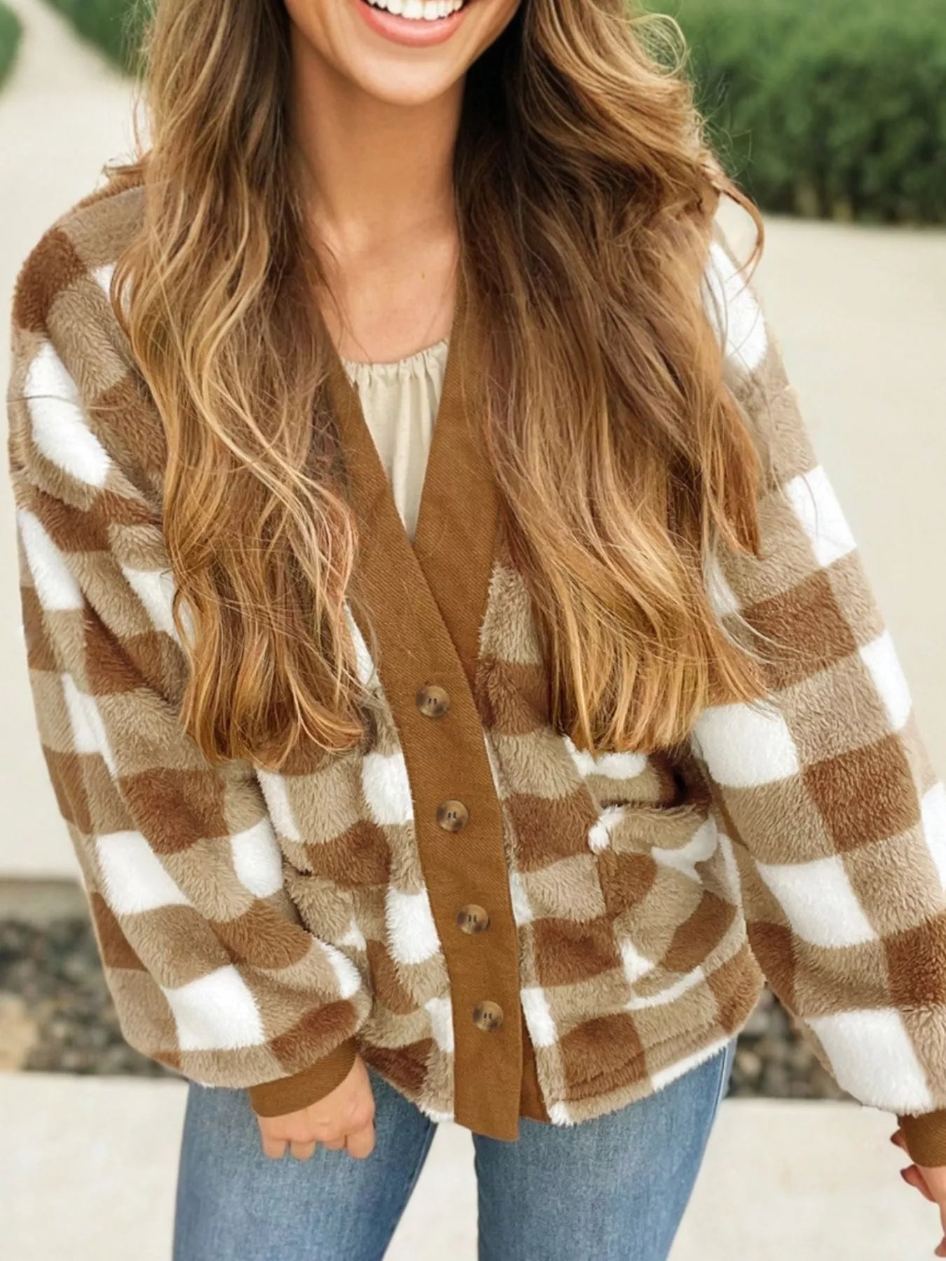 Checkered Sherpa Loose Knit Cardigan with Pockets — Livostyle