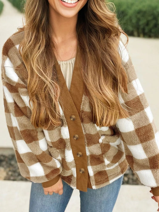 Checkered Sherpa Loose Knit Cardigan with Pockets — Livostyle