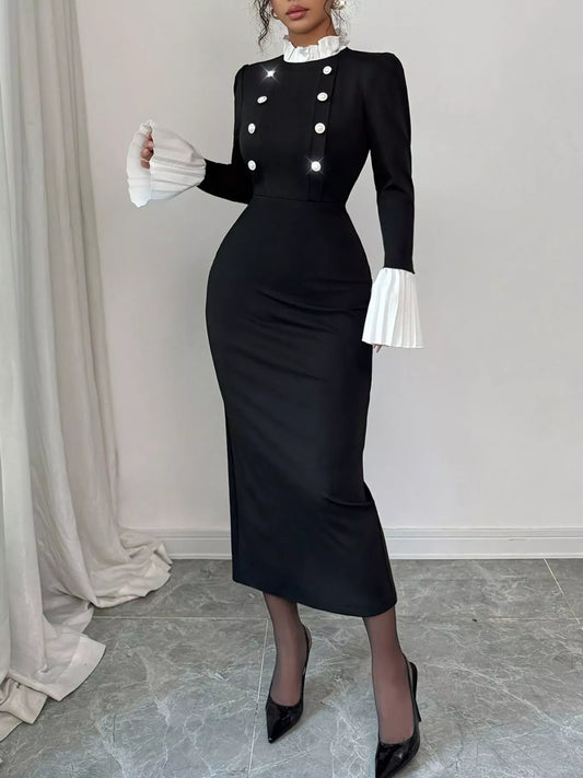 Two Tone Frill Long Sleeve Midi Dress with Buttons in Black