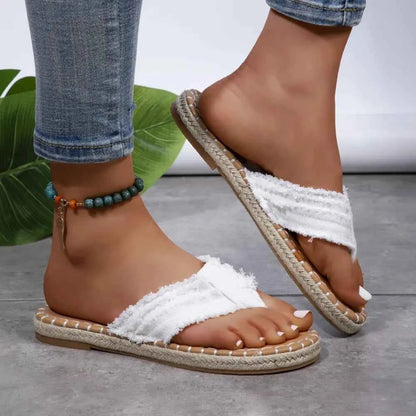 Toe Post Raw Hem Flat Sandals — Livostyle