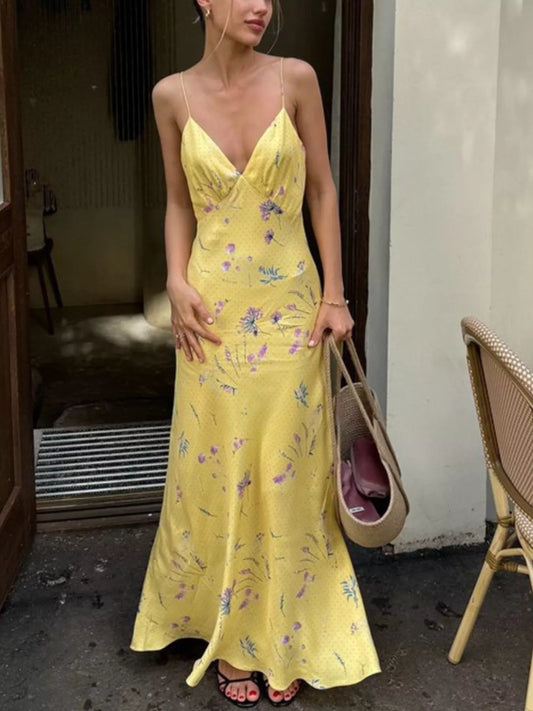Floral Spaghetti Strap Maxi Dress in Yellow