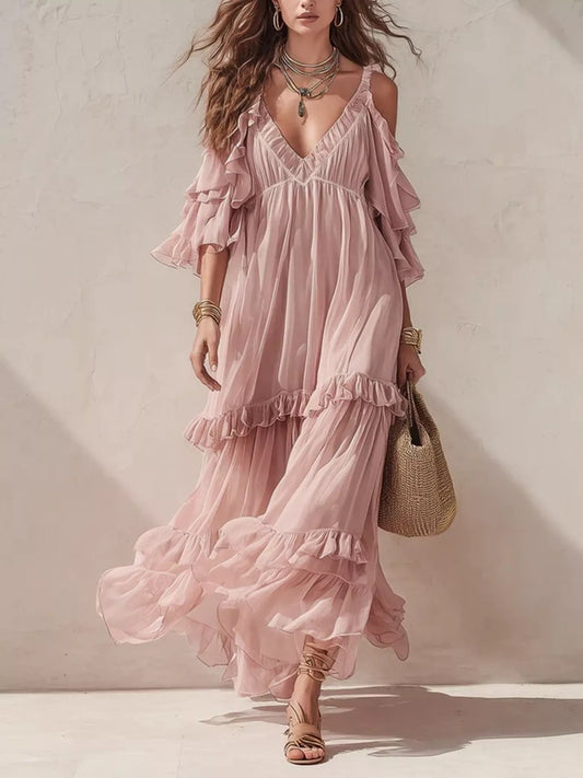 Cold-Shoulder Ruffled Tiered Maxi Dress in Dusty Pink