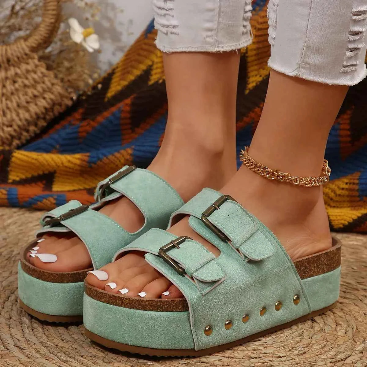 Mint Green Buckle Studded Platform Sandals — Livostyle