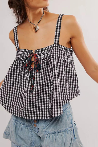 Tied Front Textured Square Neck Cami closeup — Livostyle
