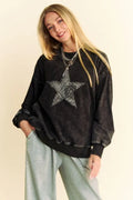 Edgy Acid Wash Star-Studded Sweatshirt — Livostyle