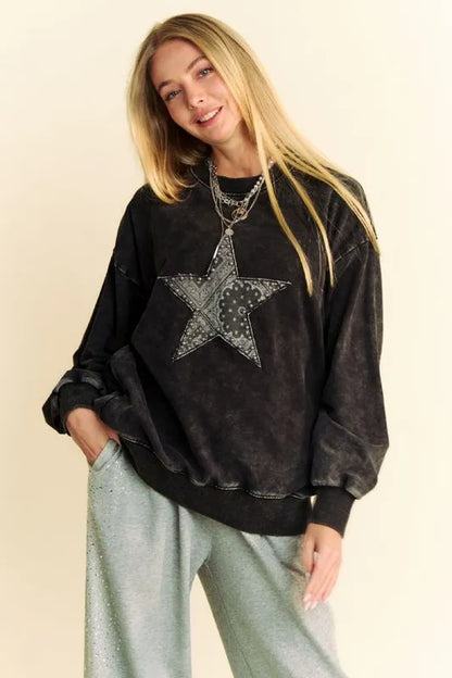 Edgy Acid Wash Star-Studded Sweatshirt — Livostyle