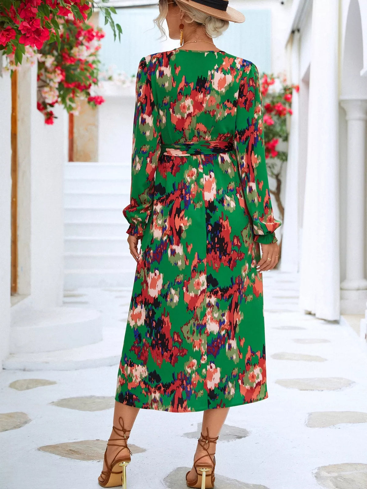 Printed Belted Surplice Long Sleeve Midi Dress with Slit – photo 2