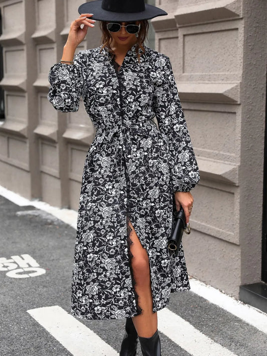 Lace Detail Printed Long Sleeve Tie Midi Dress in Black