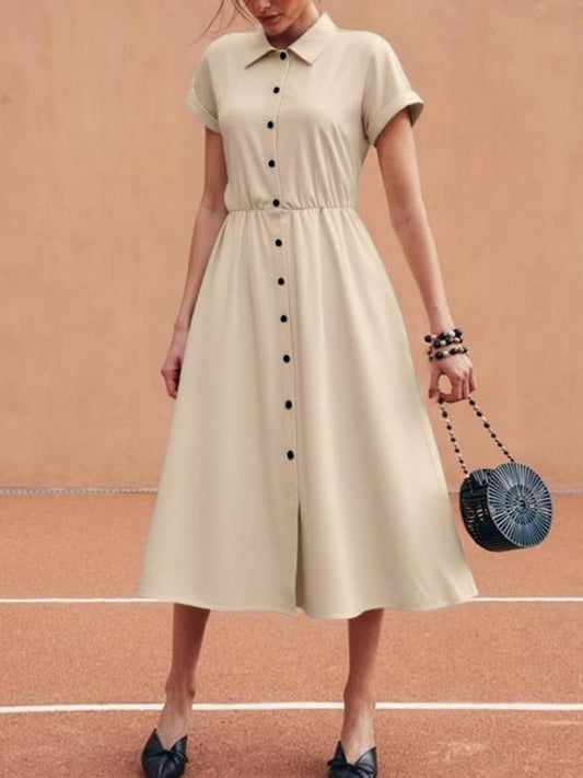 Button-Down Short Sleeve Midi Shirt Dress with Pockets in Beige