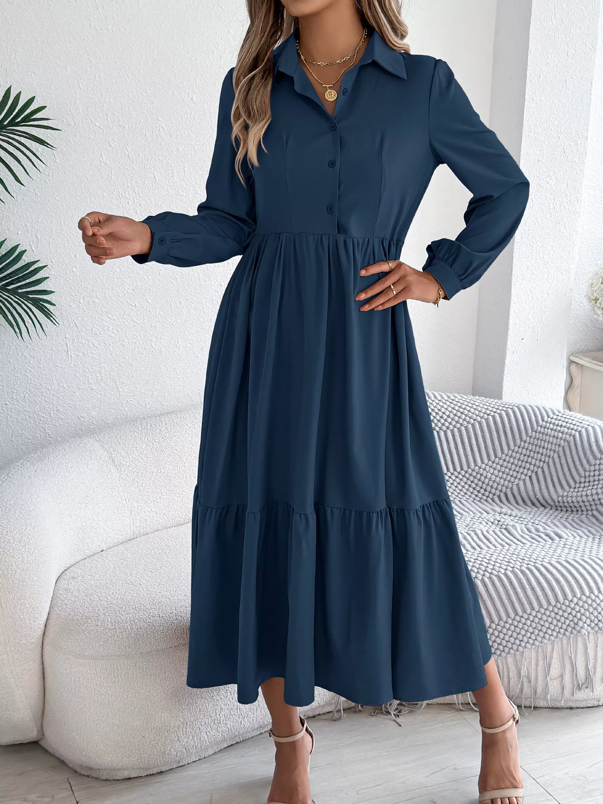 Long Sleeve Tiered Button-Front Midi Dress – photo 6