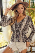 Trendy Snake Print Crossover Long Sleeve Top with Peplum Detail — Livostyle