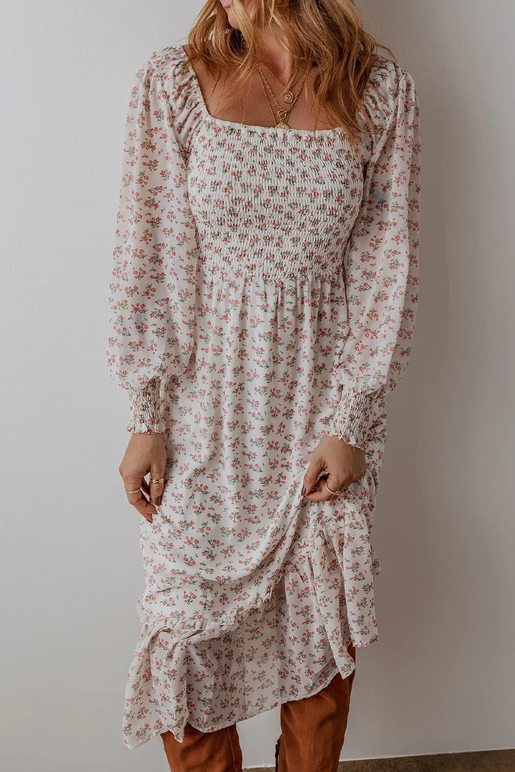 Smocked Floral Square Neck Long Sleeve Midi Dress – photo 2
