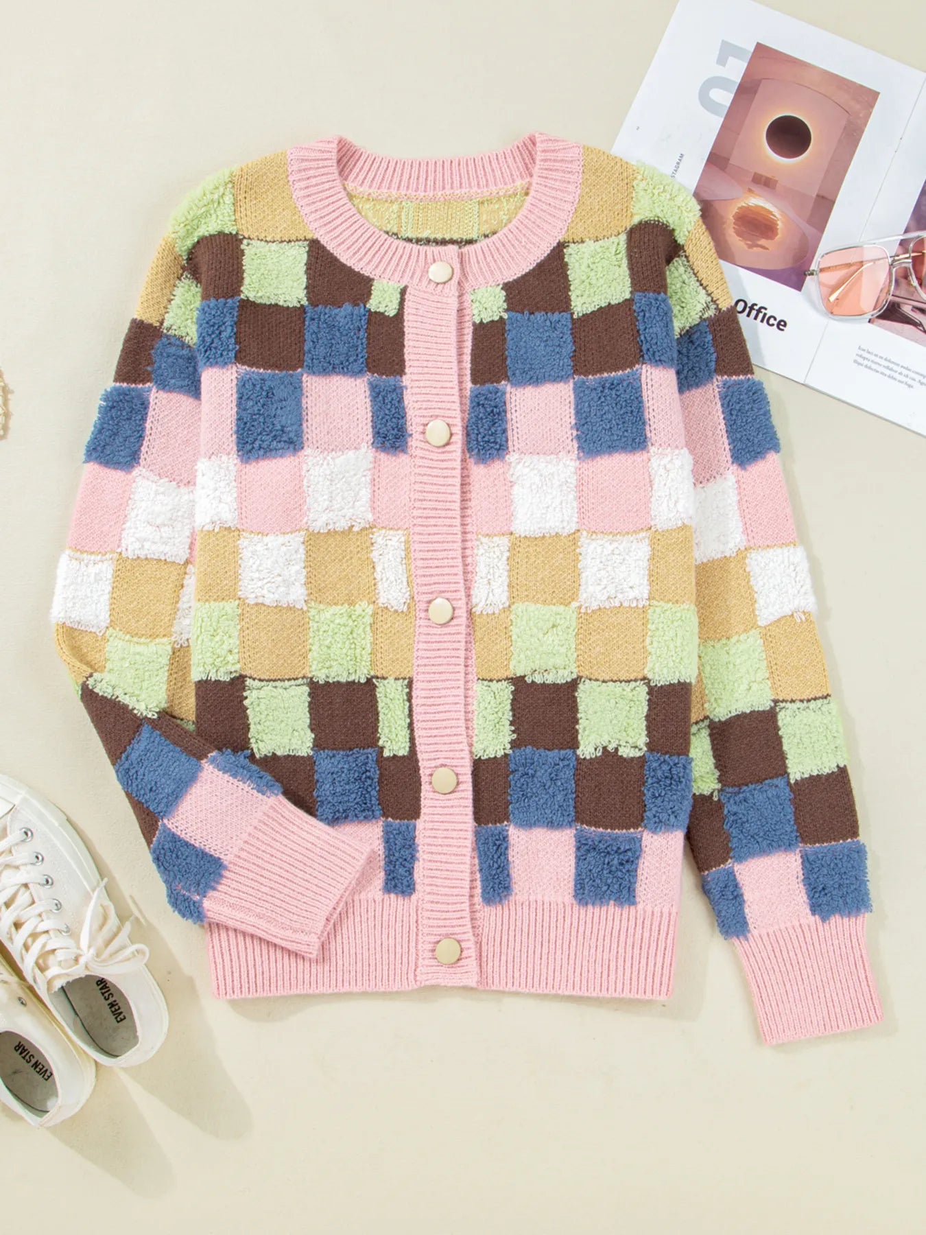 Checkered Pattern Button Front Cardigan back view — Livostyle