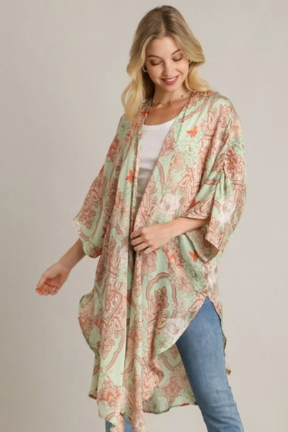 Mixed Print Open Front Kimono with Ruffle Sleeves — Livostyle