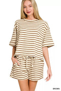 Striped Short Sleeve Tee & Shorts Set in BROWN