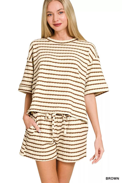 Striped Short Sleeve Tee & Shorts Set in BROWN