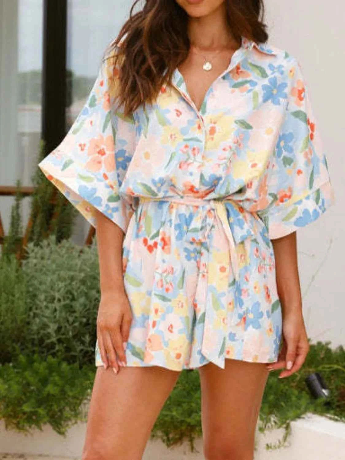 Printed Half Sleeve Tie Waist Romper